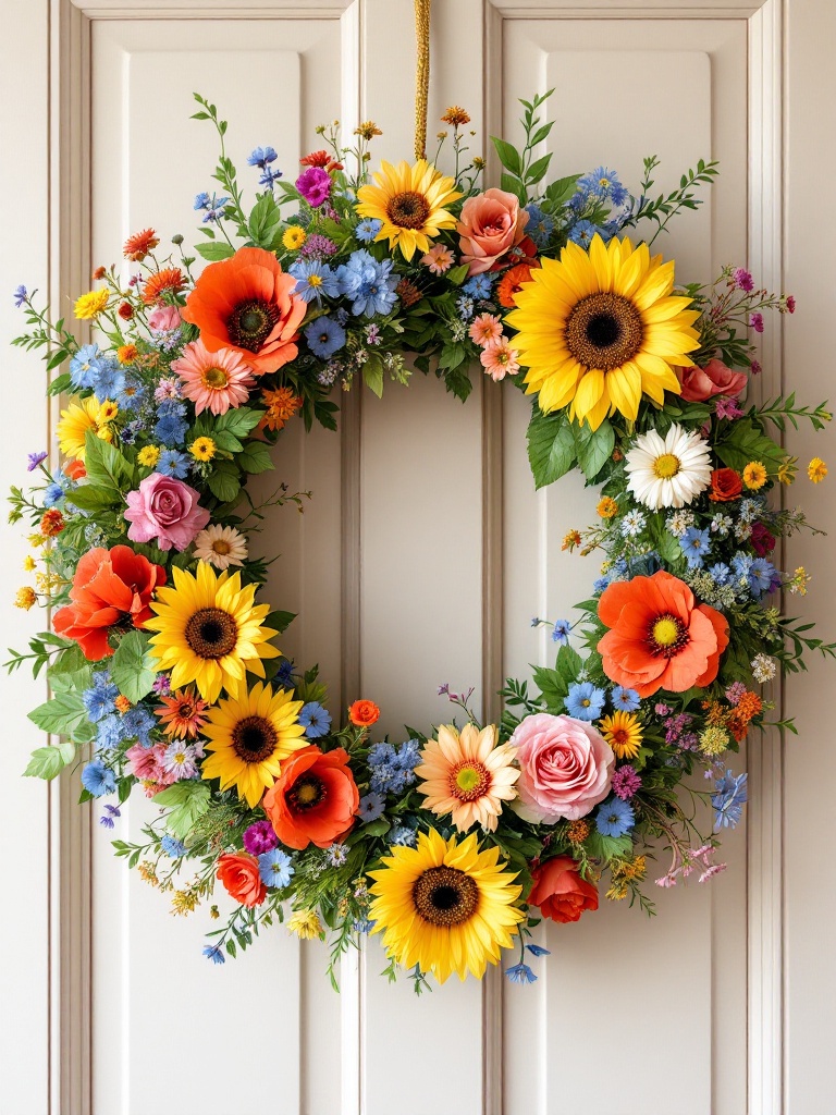 A whimsical wildflower wreath of poppies, sunflowers, and cornflowers, celebrating spring's joy.