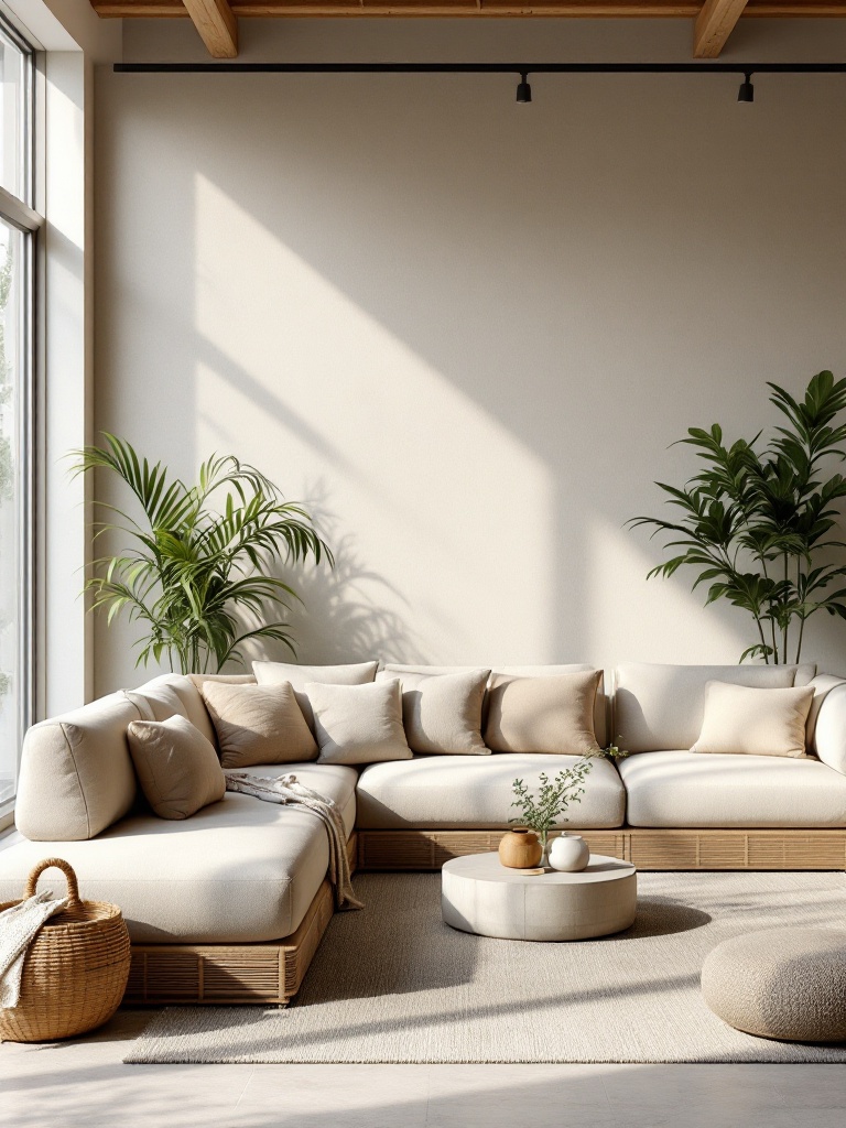Zen-inspired sectional living room with neutral tones, natural materials, plants, and a calming atmosphere.