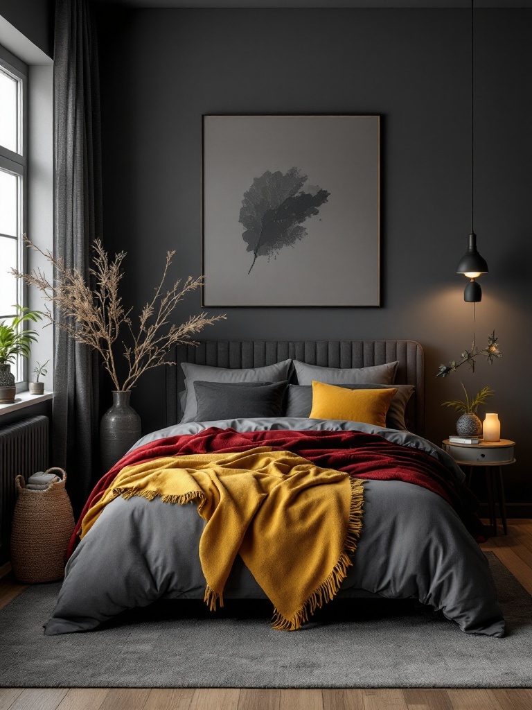 Chic charcoal grey bedroom with layered textures, vibrant accents, and modern aesthetic for cozy design.