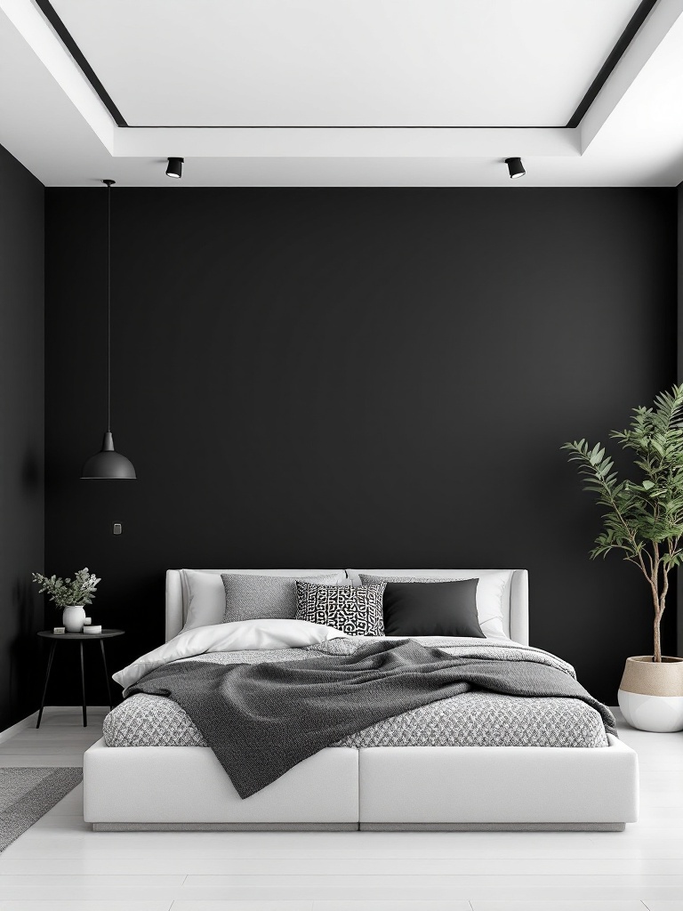 Black and white themed room with dark walls, white furniture, and geometric patterned bedding.