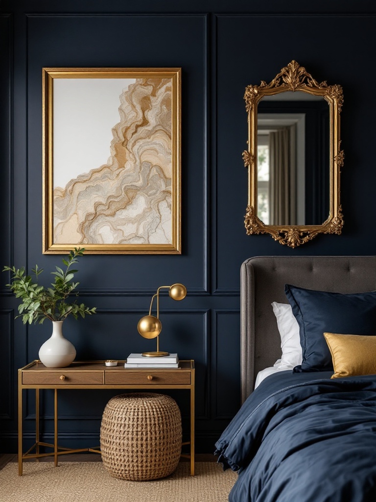 Elegant navy and gold bedroom with luxurious decor, calm ambiance, framed artwork, and mirrors.