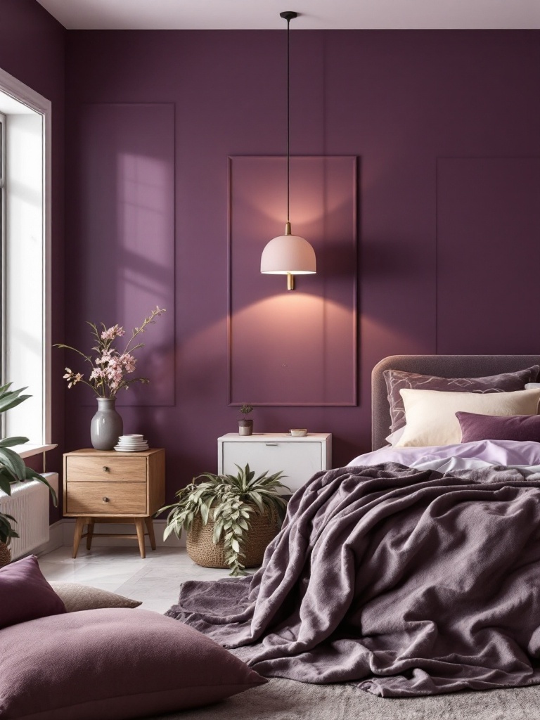 Dark purple bedroom with plush pillows, soft lighting, and neutral furniture for a cozy, regal feel.