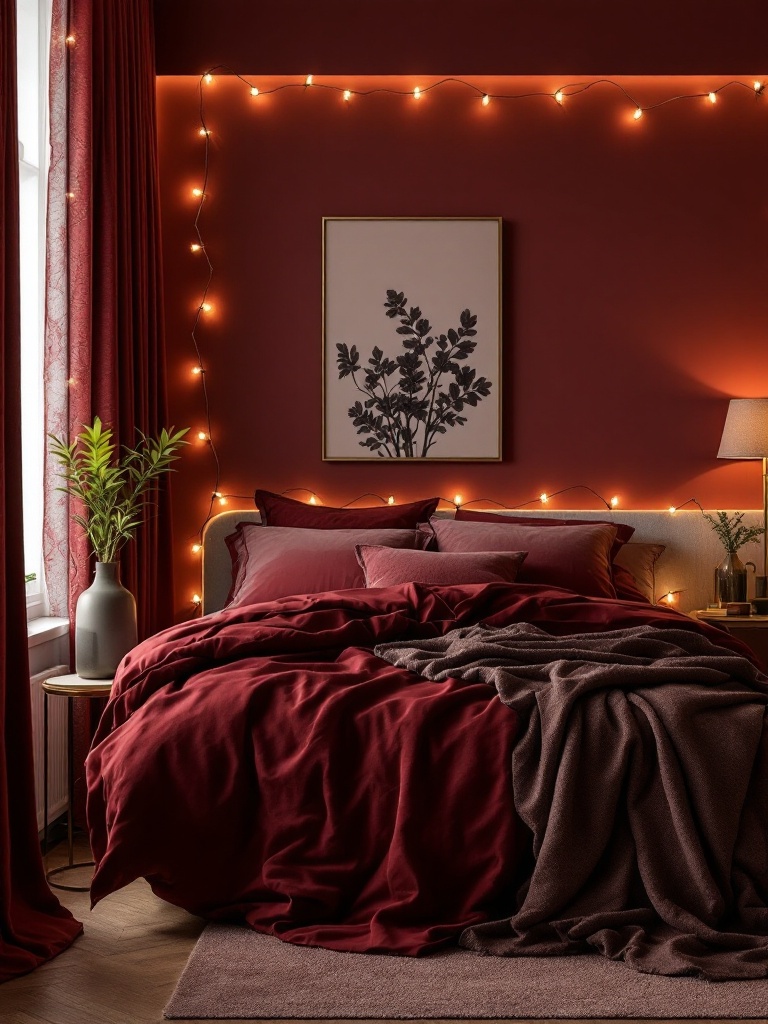 Cozy bedroom with burgundy walls, soft lighting, gold accents, and inviting bedding for a warm feel.