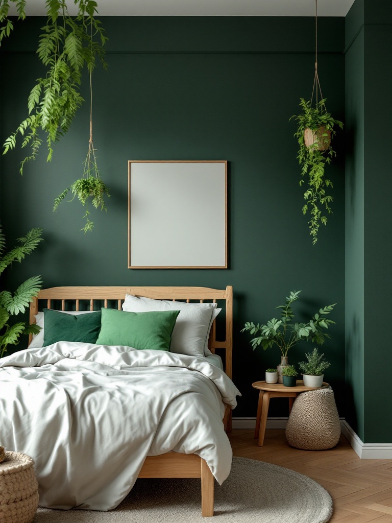 Bedroom with deep green walls, light wooden furniture, white accents, and potted plants for tranquility.