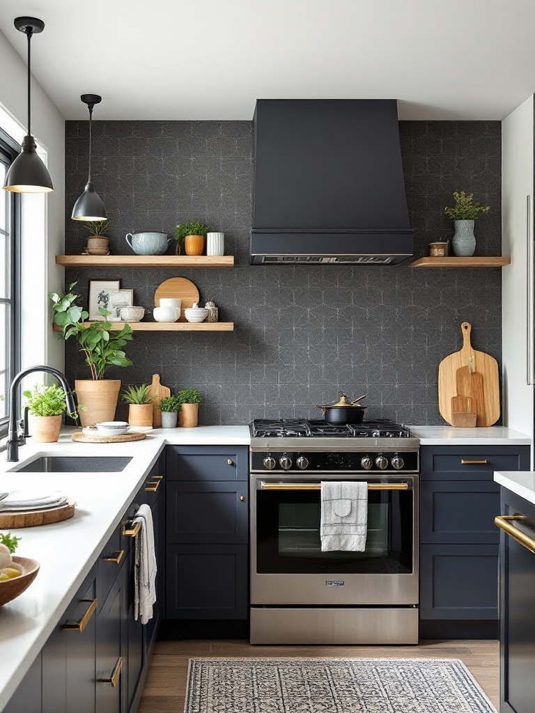 Accent wall in a kitchen showcasing vibrant wallpaper, paint, or tiles for enhanced visual appeal.
