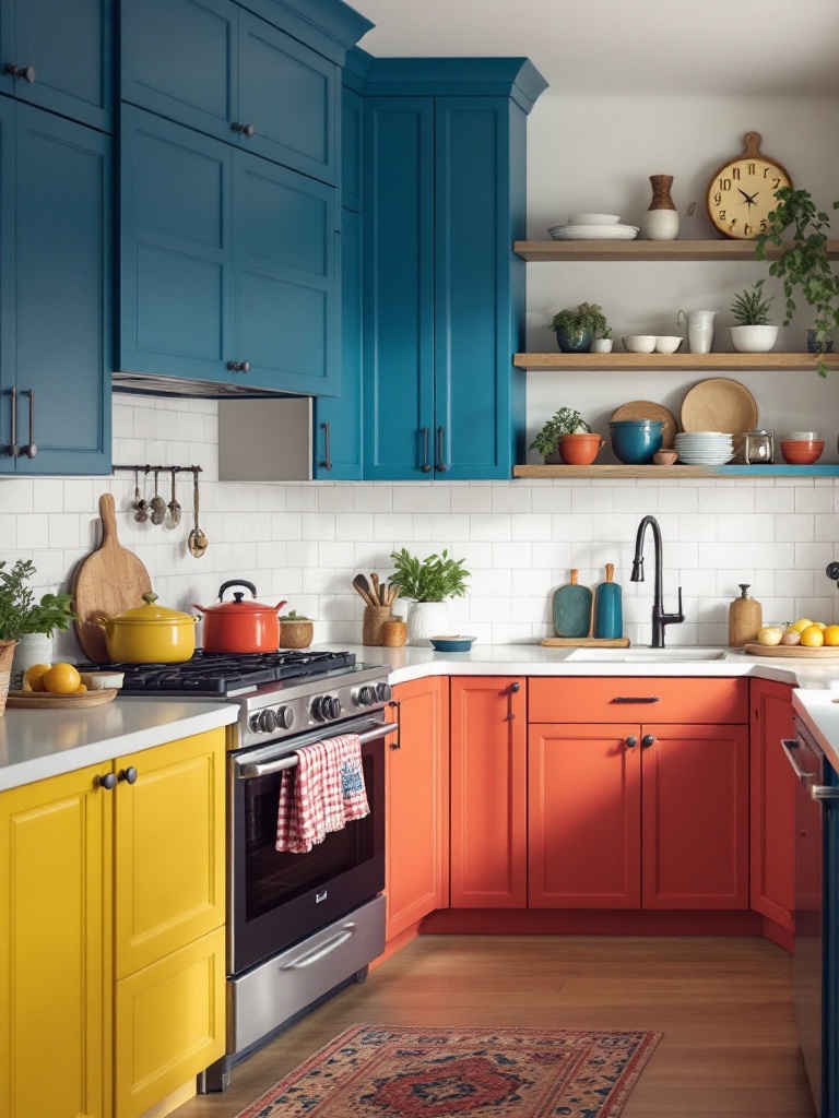 Vibrant kitchen with bold-colored cabinets and appliances, showcasing a lively, energetic design.