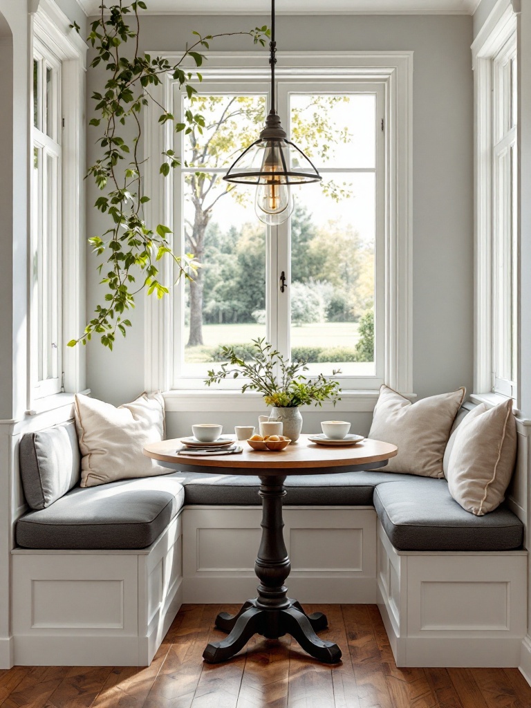 Cozy breakfast nook with a table, chairs, and cushions, near windows for bright morning dining.