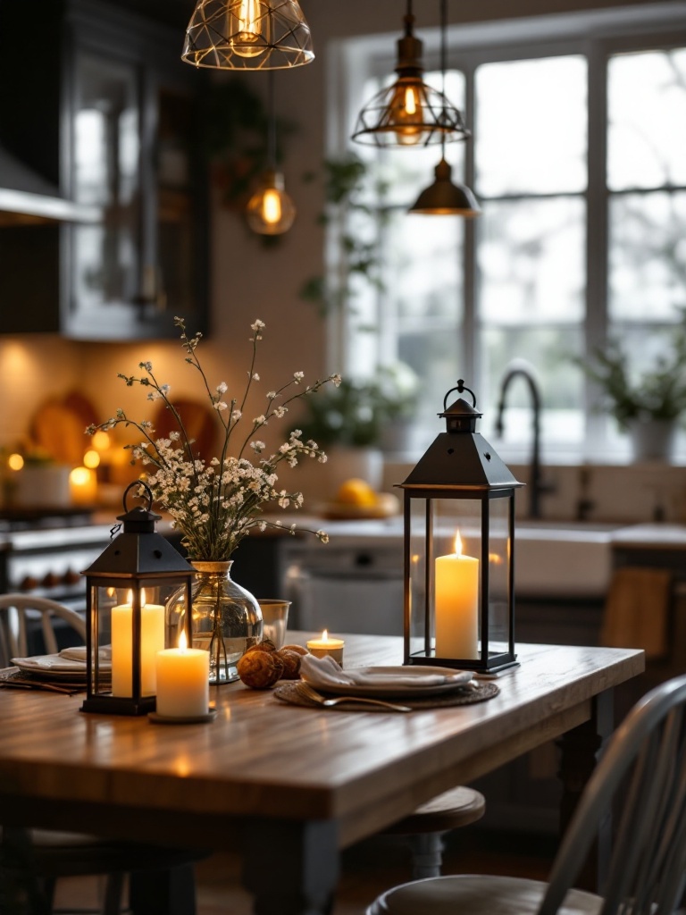 Cozy kitchen with candles and lanterns creating a warm atmosphere for evening gatherings and entertaining.