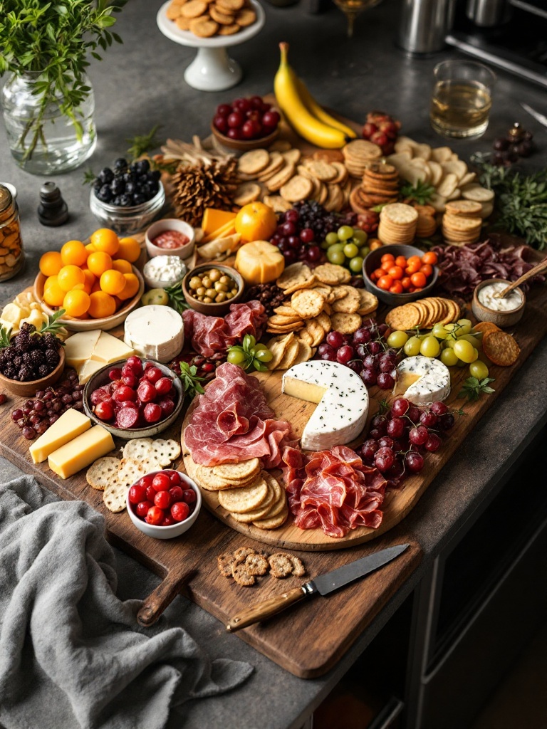 A stylish charcuterie station with cutting boards and platters displaying meats, cheeses, and fruits.