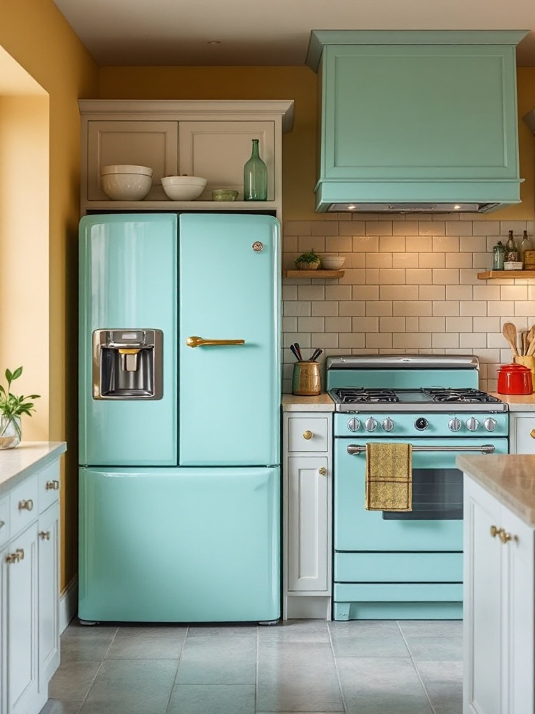 Colorful kitchen appliances like retro refrigerators and cookers add charm and personality to spaces.