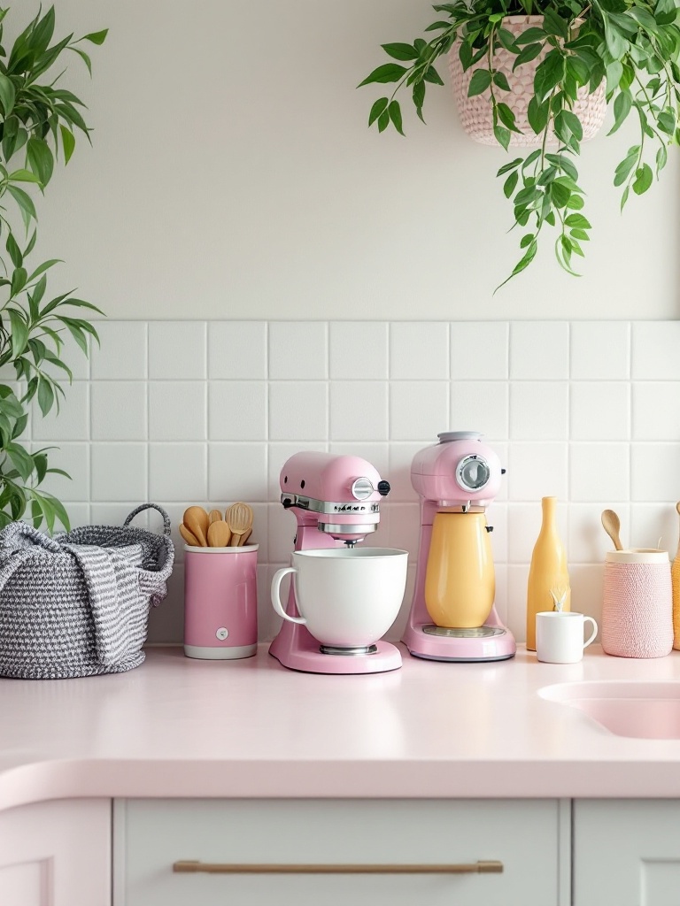 Colorful kitchen appliances like pastel mixers and vibrant coffee machines create a cozy, whimsical vibe.