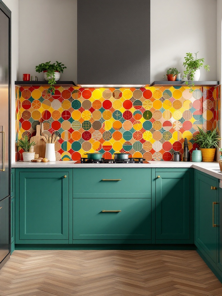 Colorful kitchen backsplash showcasing vibrant tiles and warm hues to enhance the cozy ambiance.