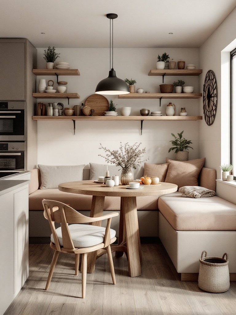 Cozy kitchen with cushioned chairs and a bench for inviting communal dining and warm conversations.