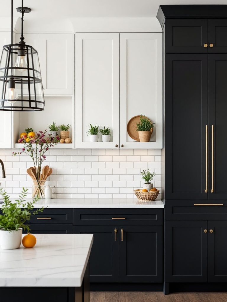 Kitchen with dark lower cabinets and light upper cabinets, showcasing a striking and harmonious design.