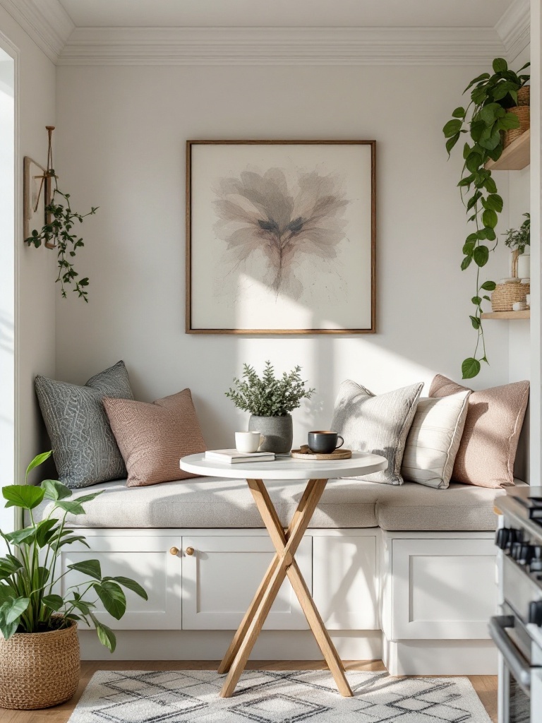 Cozy kitchen nook with a small table, comfortable chairs, cushions, and decorative plants for relaxation.