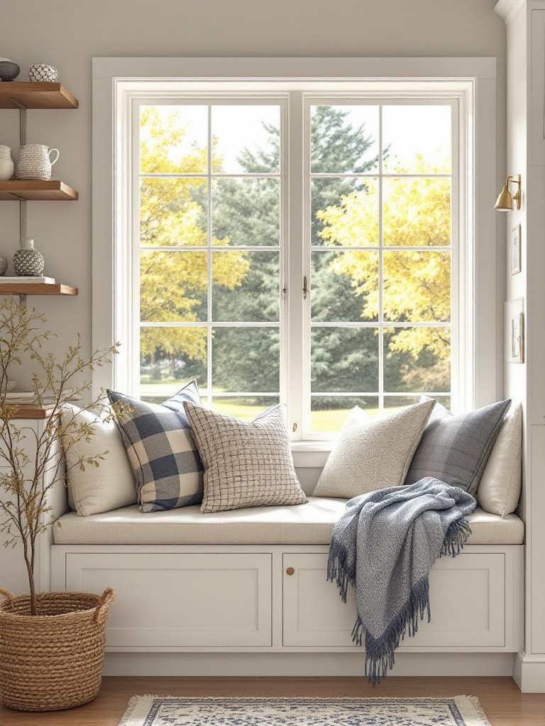 A cozy window seat with plush cushions, perfect for enjoying sunlight, coffee, and relaxation in the kitchen.