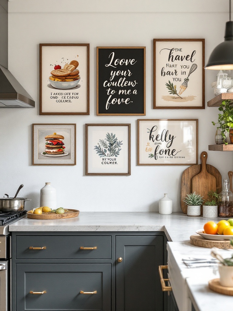 Unique wall art in a cozy kitchen, featuring food prints and inspirational quotes for personalized decor.