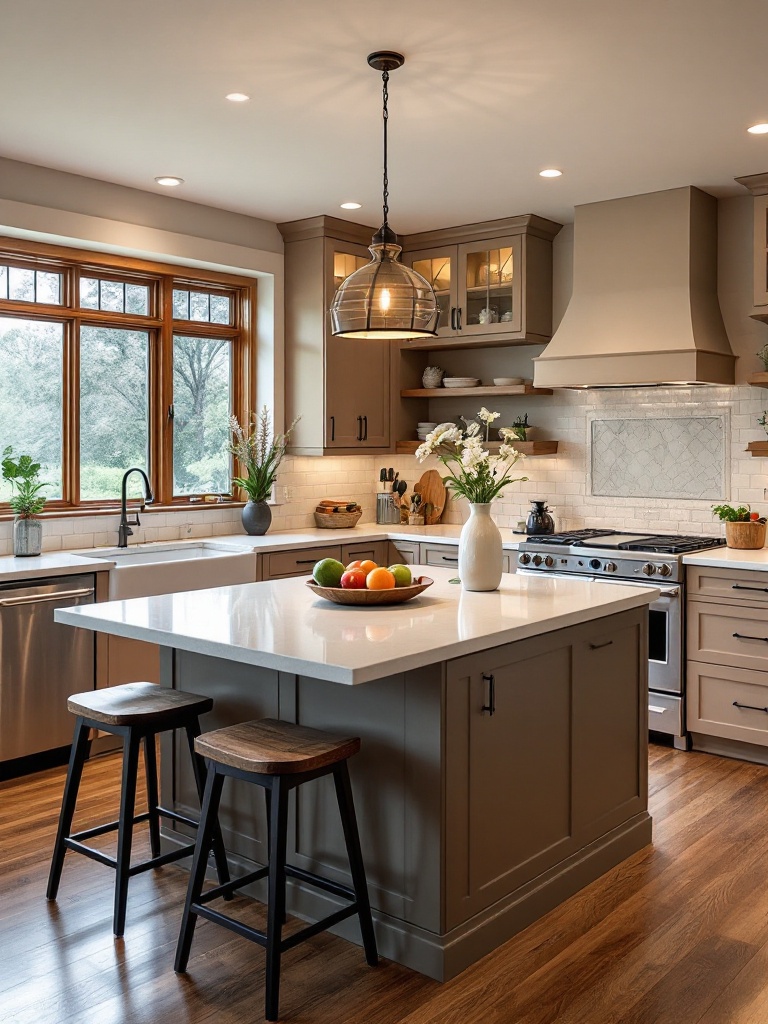 Custom kitchen island with seating and built-in appliances, blending design elements for functionality.