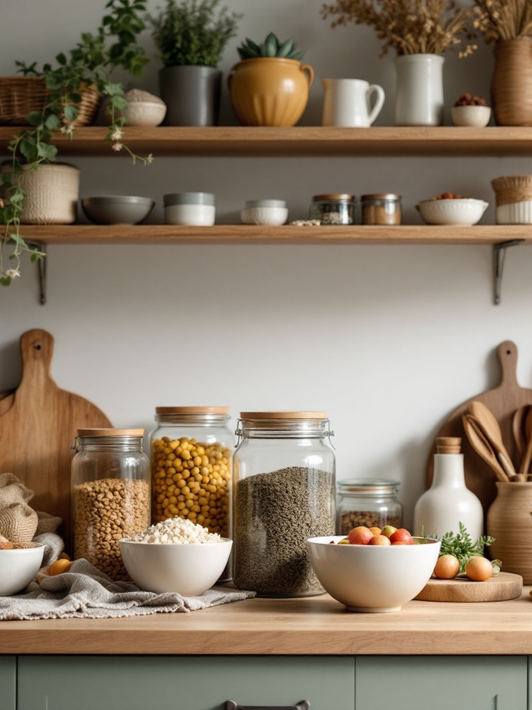 Decorative jars and bowls store pantry items, enhancing kitchen organization and offering visual appeal.