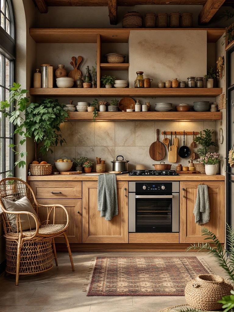 Warm-toned kitchen with earthy colors, wooden accents, and natural materials promoting comfort and tranquility.