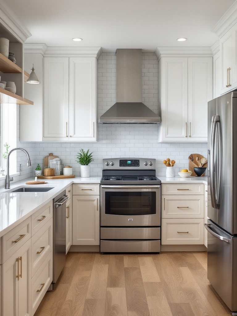 A modern kitchen featuring quartz countertops, vinyl flooring, and stainless steel appliances.
