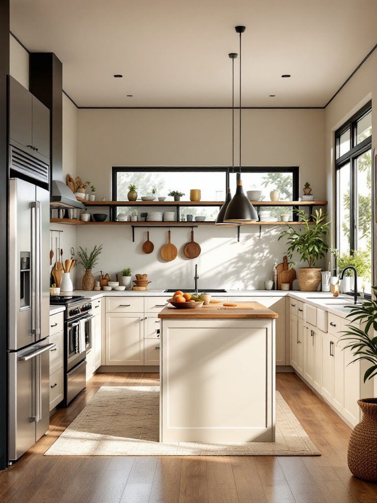 A cozy kitchen layout with an open-concept design, island seating, and a flow into the living area.