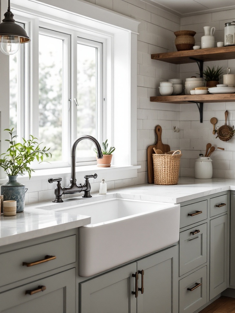 A stylish farmhouse sink in a modern kitchen, paired with rustic cabinets and vintage fixtures.