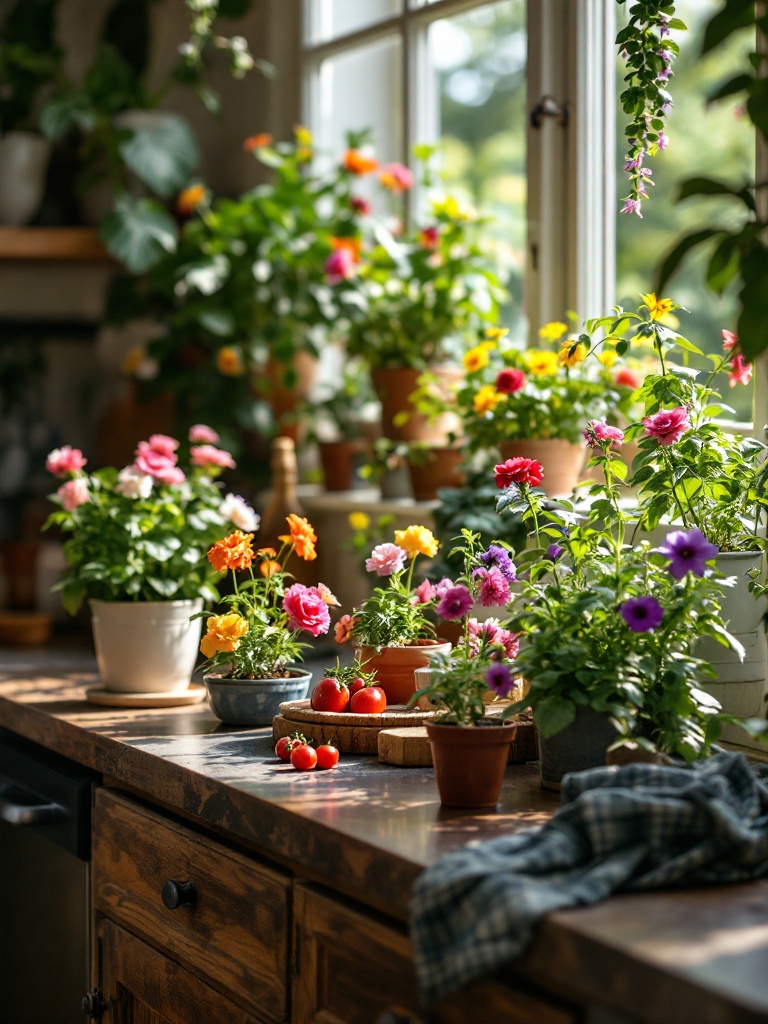 Cozy kitchen with fresh flowers and herbs in pots, brightening the space and enhancing air quality.