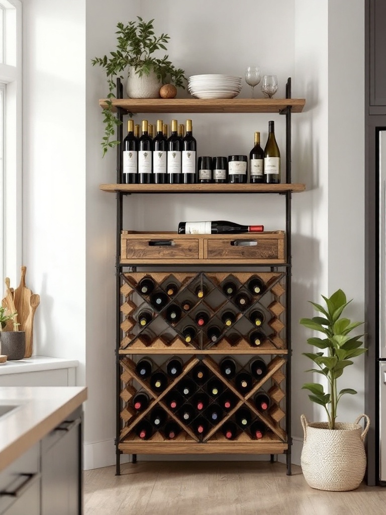 A stylish wine rack in a cozy kitchen, blending functionality with decorative appeal for gatherings.