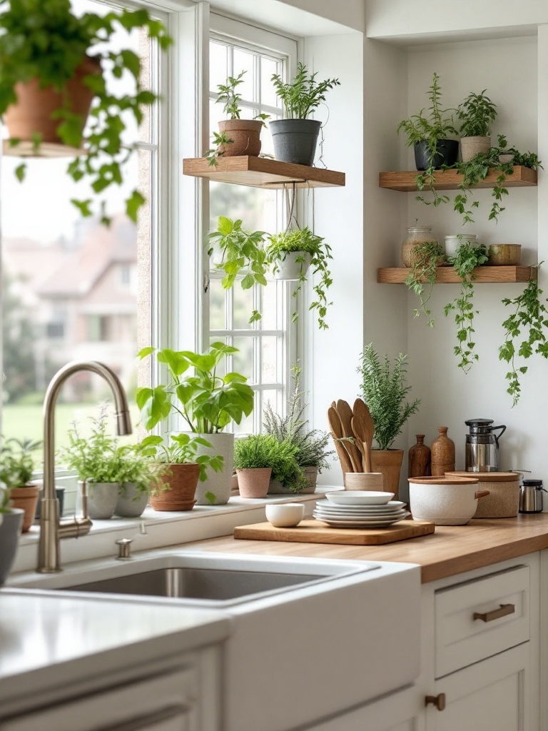 Indoor herb garden on a windowsill with basil, parsley, and cilantro, enhancing kitchen decor and vibe.