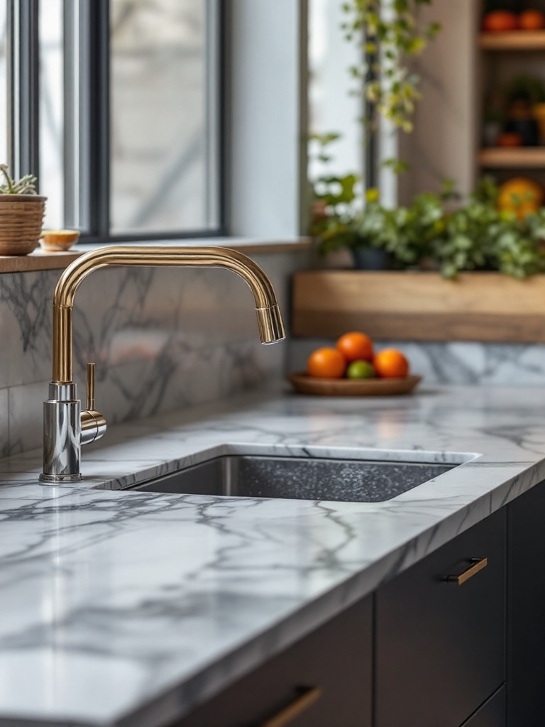 Luxurious granite, quartz, and marble countertops enhance kitchen aesthetics and function, creating a focal point.
