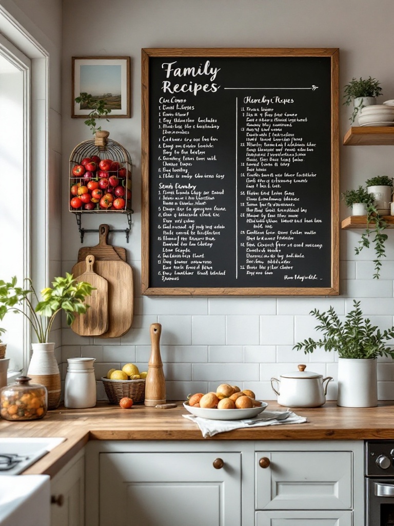 A kitchen wall adorned with framed family recipes and a chalkboard, showcasing personal cooking traditions.