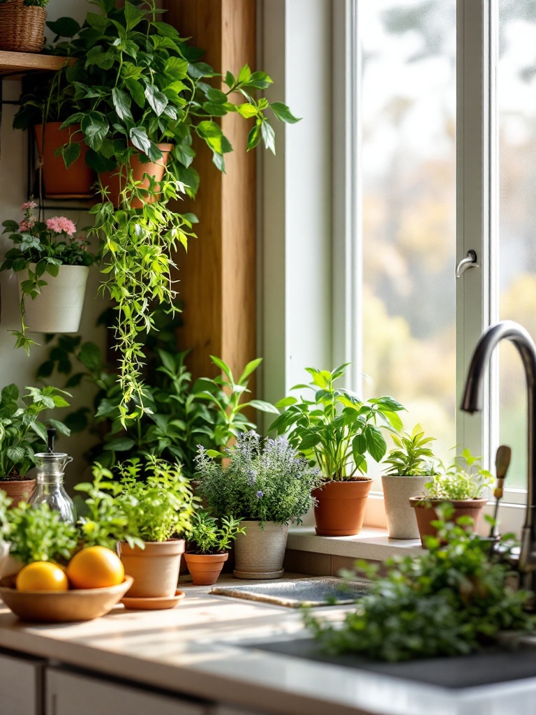 Indoor herb garden with small pots on a windowsill, enhancing kitchen coziness and inviting atmosphere.