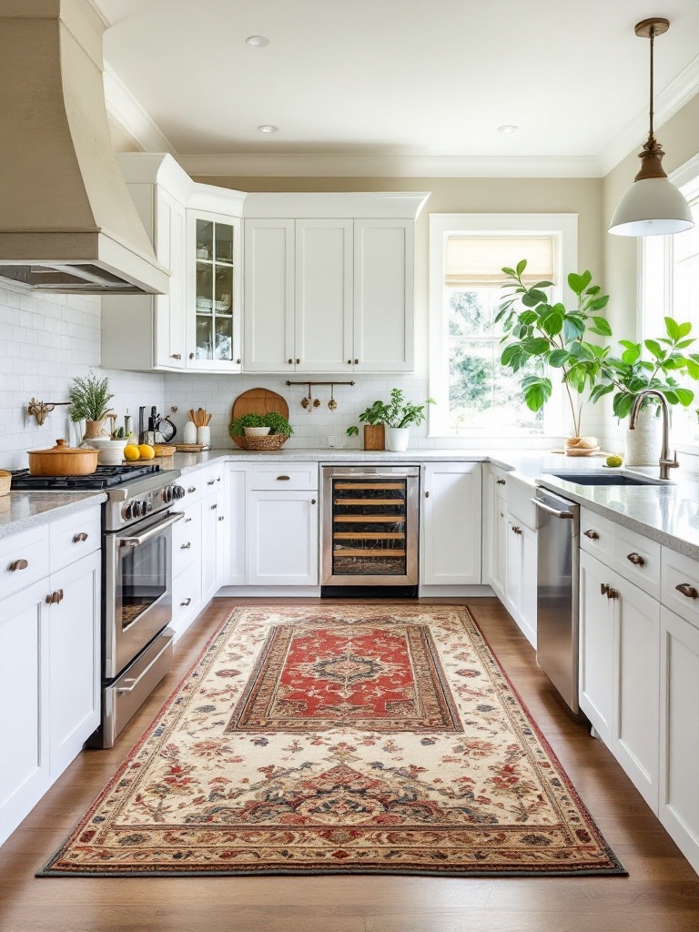 A warm and stylish kitchen with a large, durable rug enhancing the space's design and comfort.