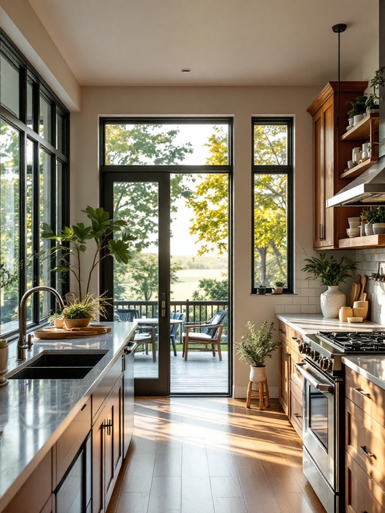Bright kitchen with large floor-to-ceiling windows, enhancing natural light and connecting to outdoors.