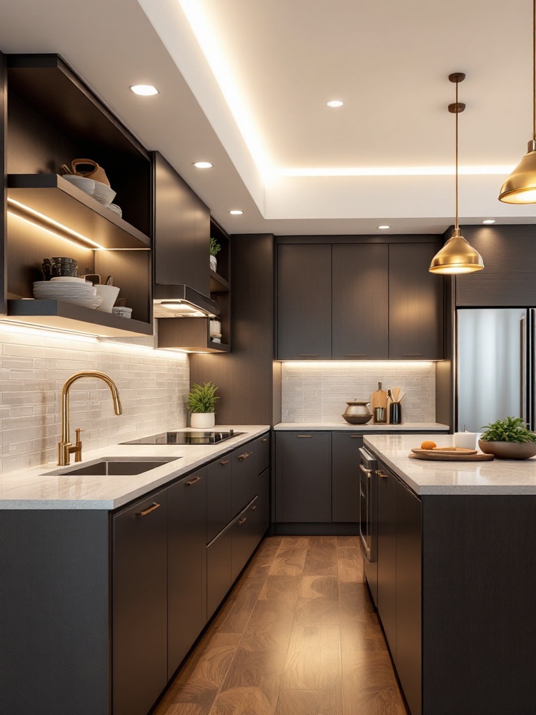 Modern kitchen lighting with pendant lights and LED strips for functionality and ambiance enhancement.