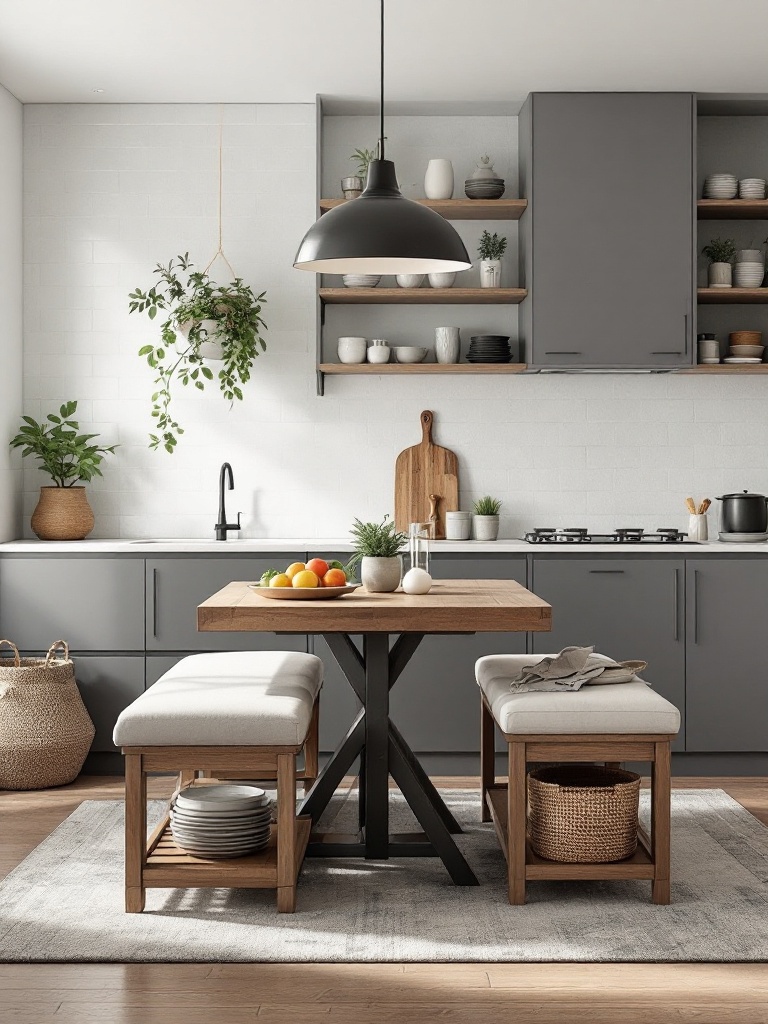 Multi-functional kitchen furniture like expandable tables and storage benches enhances space and utility.
