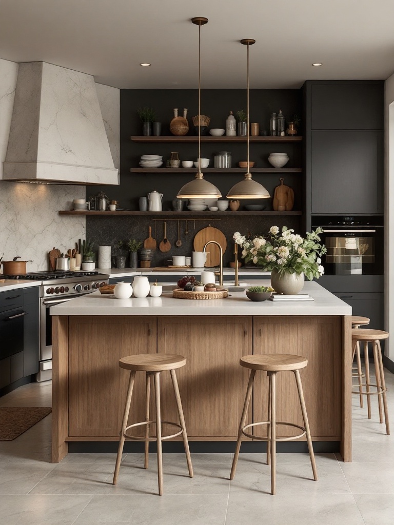 A modern kitchen featuring a multi-functional island with seating, workspace, and built-in appliances.