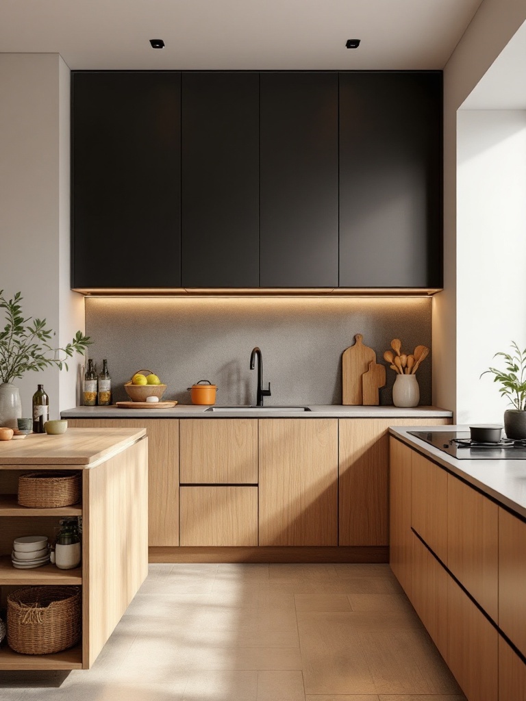 Cozy kitchen with multi-functional design, featuring folding tables and expandable countertops for versatility.