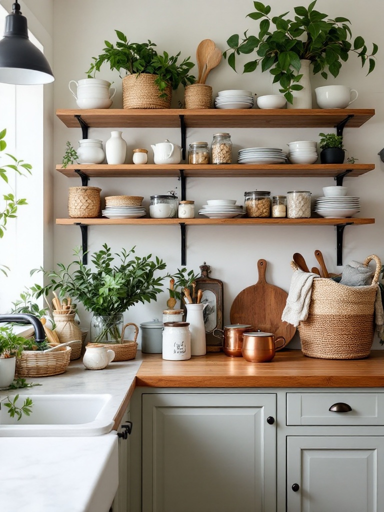 Open shelving in a cozy kitchen displays dishware and decor, enhancing warmth with organized baskets.