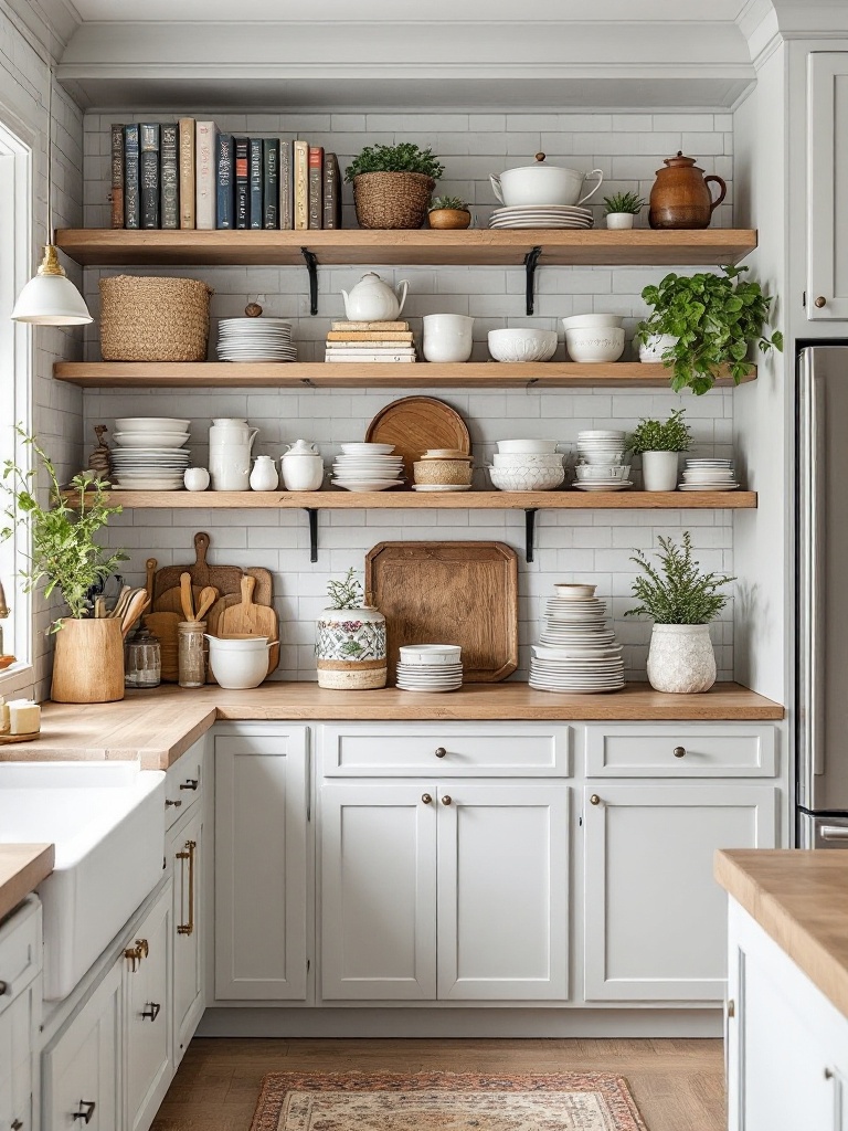 Open shelving in a kitchen displaying dishware and cookbooks, combining style and organization.