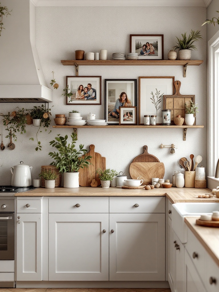 A cozy kitchen adorned with family photos, handmade crafts, and seasonal decor for a personal touch.