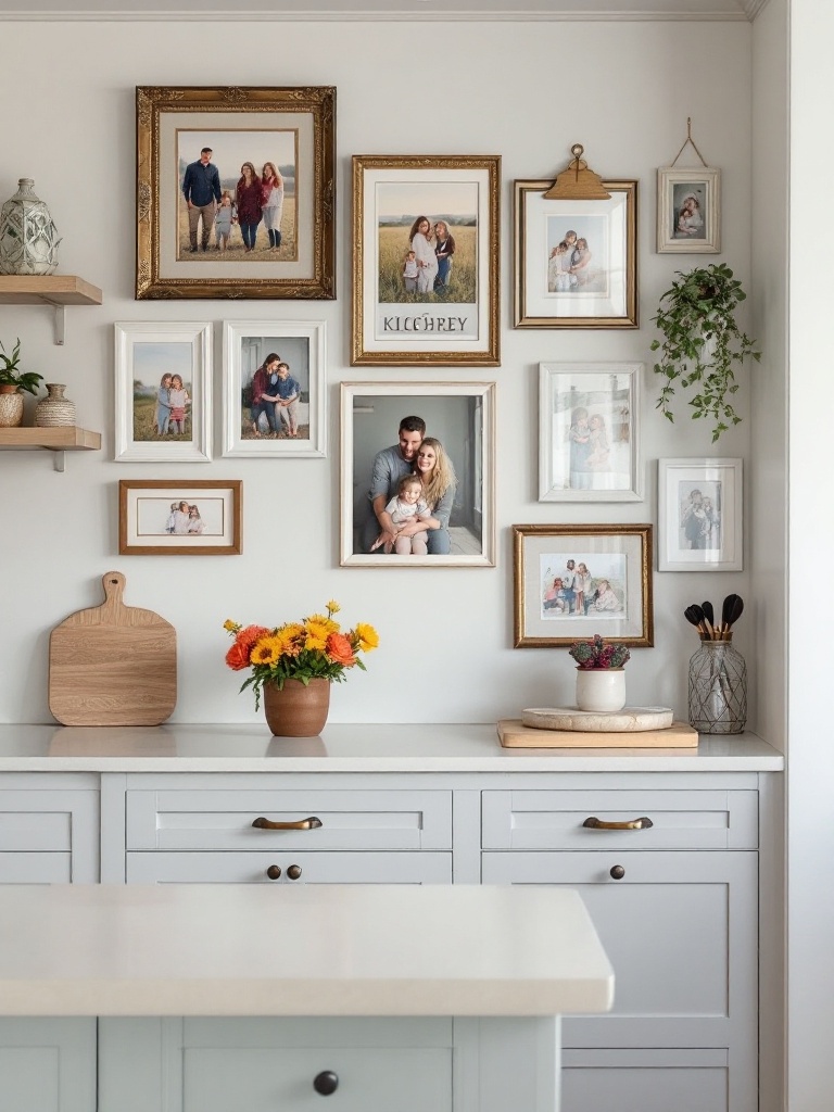 A warm kitchen with family photos displayed on a gallery wall and magnetic frames on the fridge.