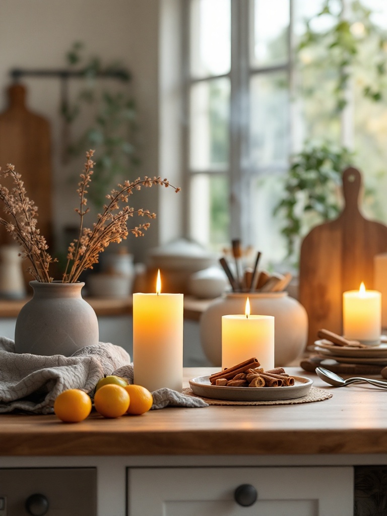 Scented candles and diffusers in a cozy kitchen with warm scents like vanilla and cinnamon.