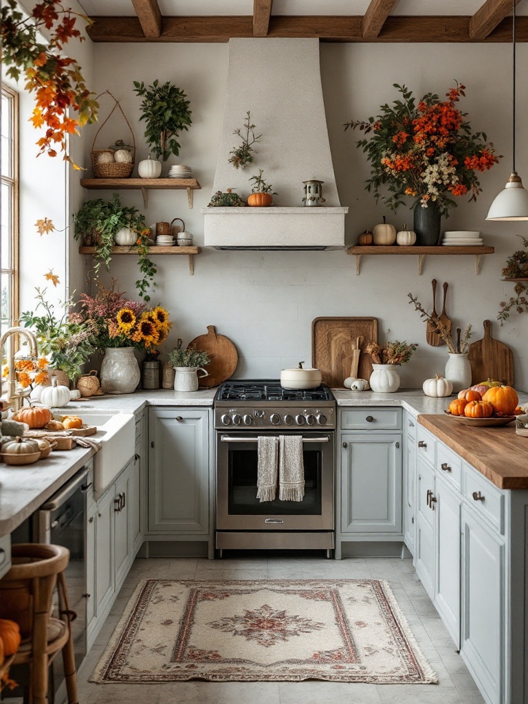 A cozy kitchen decorated seasonally with pumpkins for fall and fresh flowers for spring.