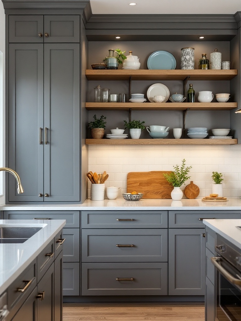 Image of a modern kitchen featuring custom cabinetry, pull-out shelves, and open shelving for storage.