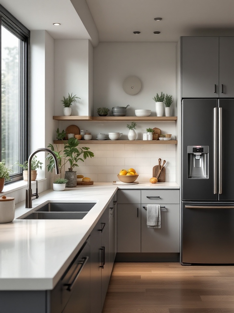 A modern kitchen showcasing smart appliances like a fridge and voice-activated faucet for convenience.