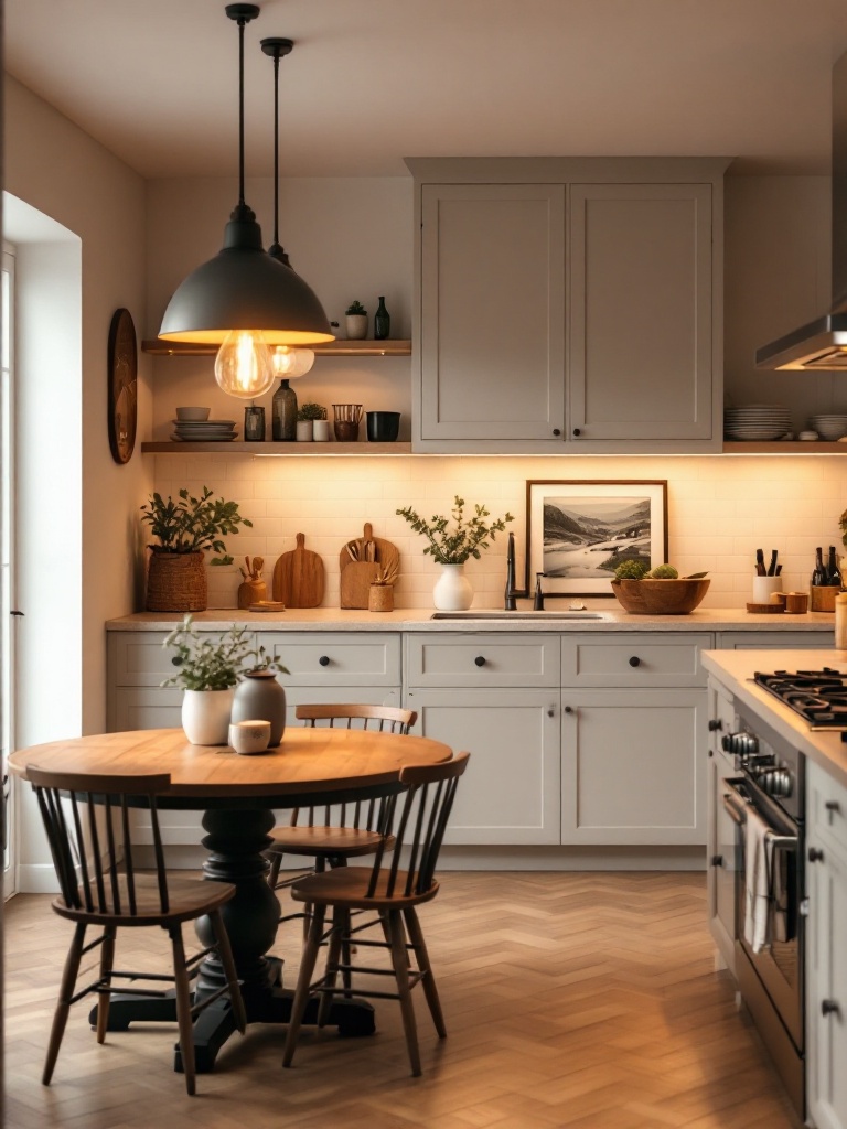 Cozy kitchen with soft lighting from pendant and under-cabinet lights, creating a welcoming atmosphere.