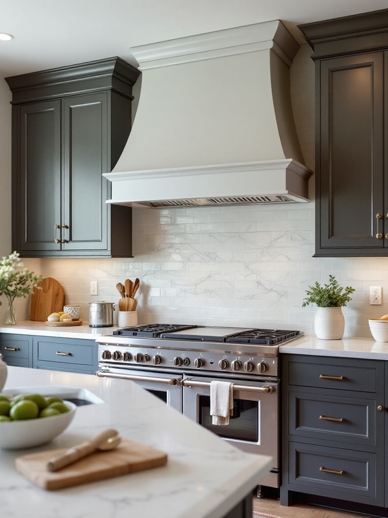 A stylish kitchen statement range hood enhances design and function, complementing cabinetry and hardware.
