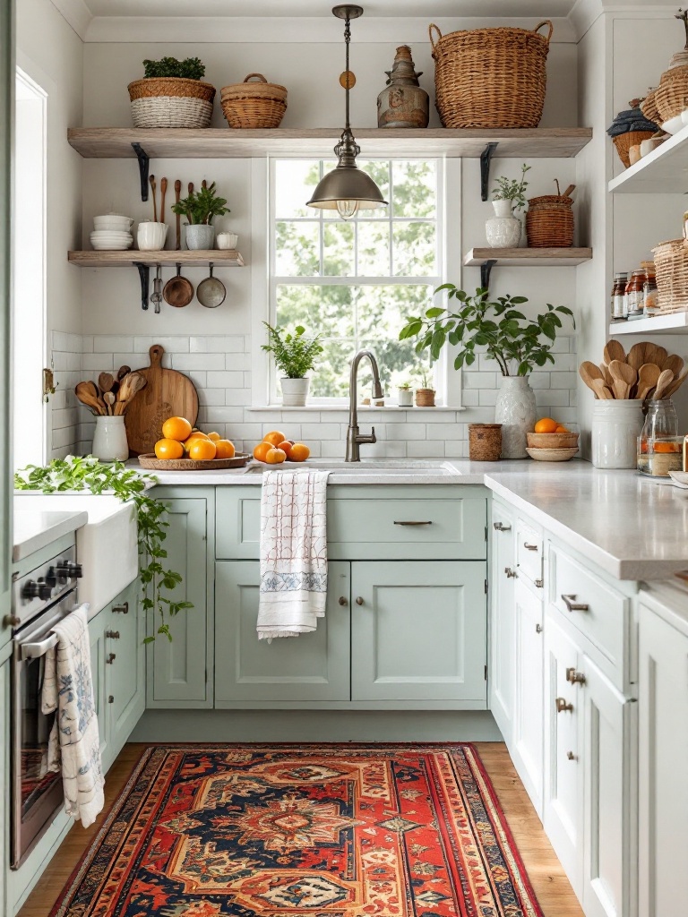 Vibrant dish towels, cozy rugs, and cushioned seating enhance kitchen comfort and aesthetic warmth.